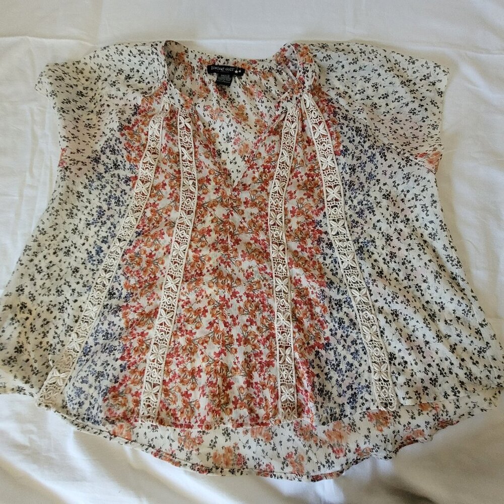 Floral Multi Color Short Sleeve Blouse Living Doll  Size L